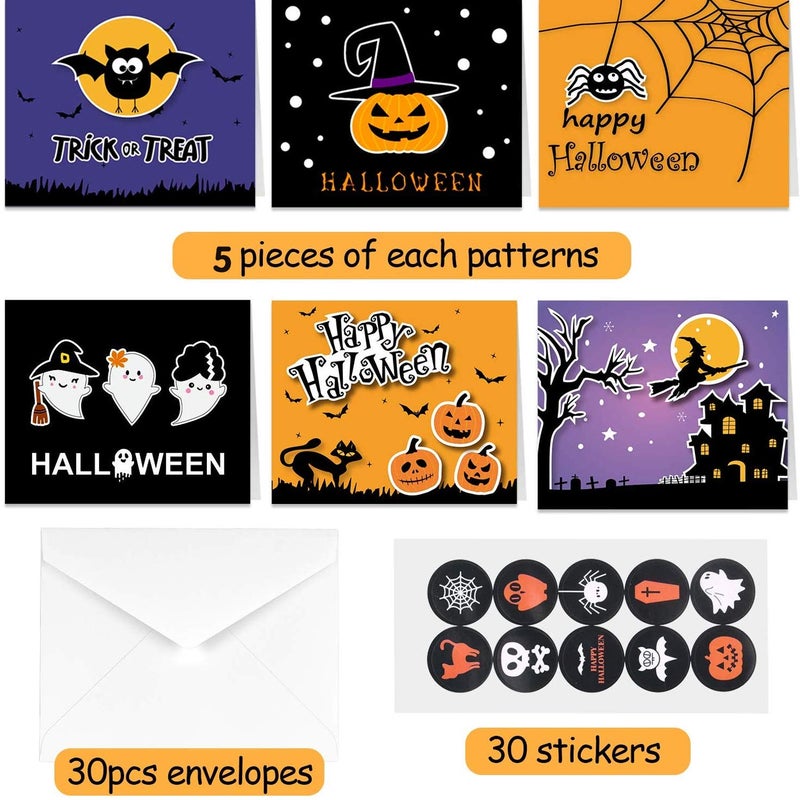 TUPARKA 30 Pack Halloween Greeting Cards with Envelopes and Halloween Stickers, 6 Halloween Designs - Image 2
